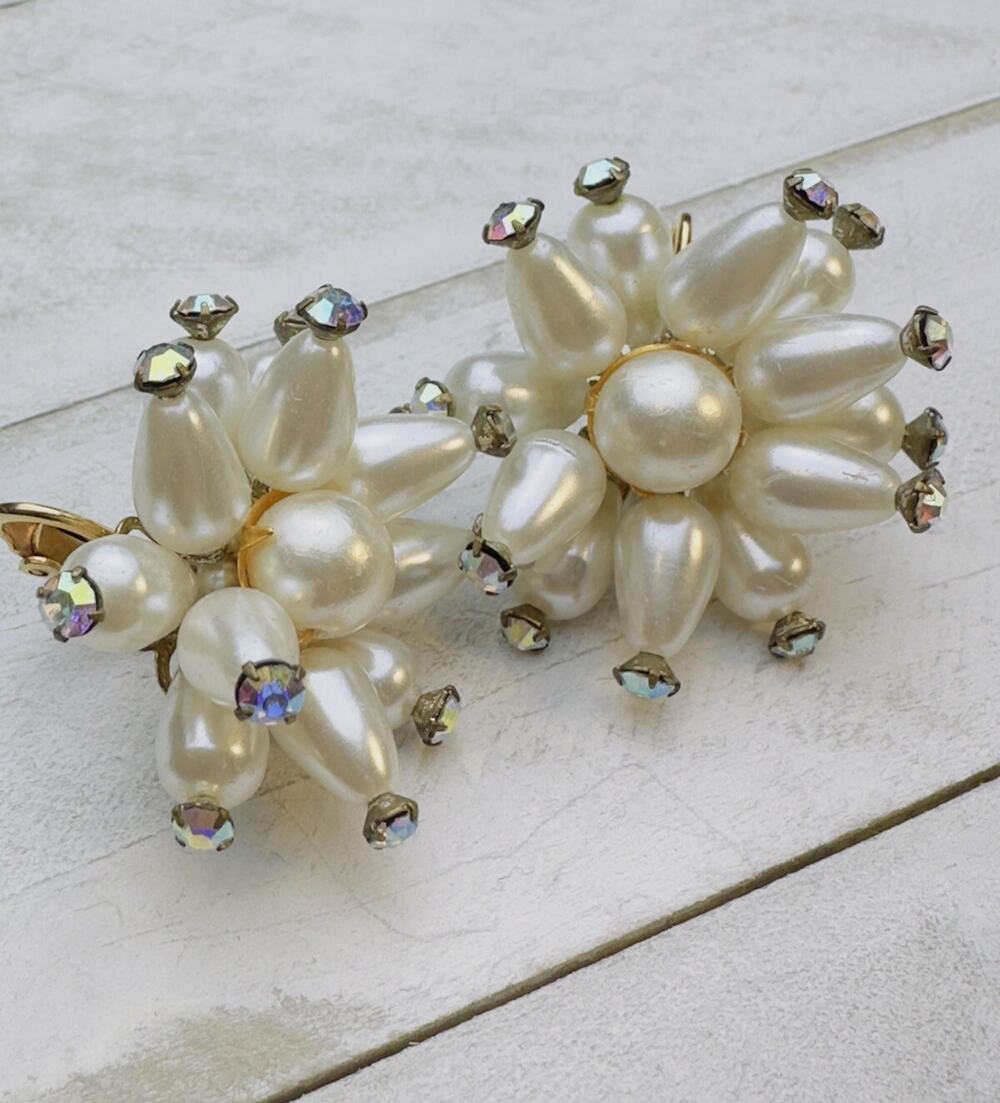 Vintage Faux Pearl AB Rhinestone Atomic Bead Cluster Gold Tone Clip Earrings